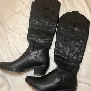 Black leather knee high cowboy boots